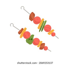 Vegetable and meat kebab on skewer. Grilled BBQ food with veggies and pork. Roasted cherry tomatoes, asparagus, broccoli and lamb on metal stick. Flat vector illustration isolated on white background