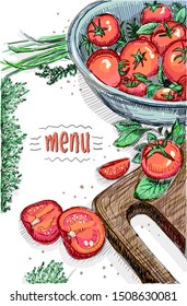 Menú vegetal, ilustración gráfica a mano con tomates maduros