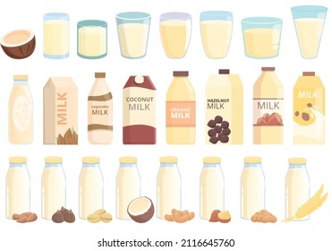 Vegetable milk icons set cartoon vector. Almond soy. Coconut soya