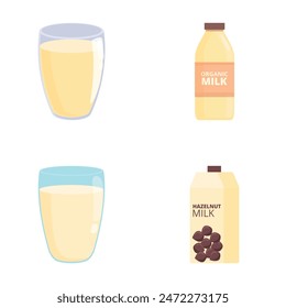 Vegetable milk icons set cartoon vector. Vegan milk in carton box, bottle, glass. Lactose free drink