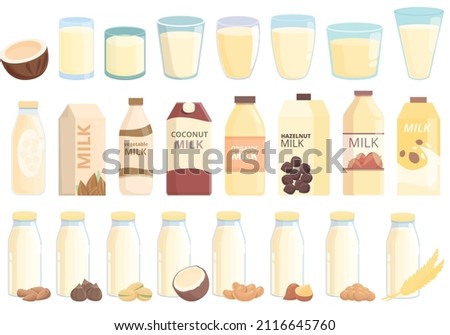 Vegetable milk icons set cartoon vector. Almond soy. Coconut soya