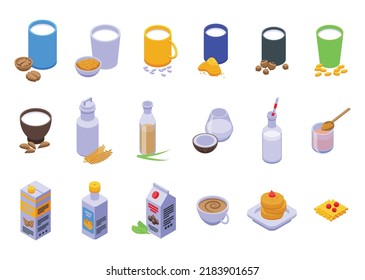 Vegetable milk icons set isometric vector. Almond soy. Coconut soya