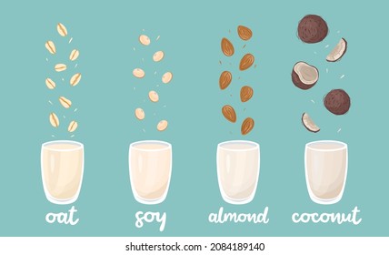 Vegetable milk set. Lactose free. Vegan and vegetarian product. Healthy food concept. Stock vector illustration.