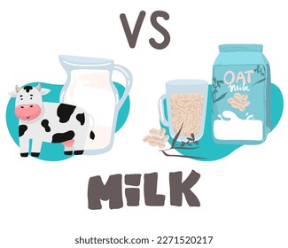 leche vegetal vs leche de vaca Lo que es más útil es la soja, el arroz, la avena, el coco, la almendra, el anacardos, la avellana. Producto natural, vegetal, ecológico. Sin lactosa. Ilustración del vector sobre fondo negro