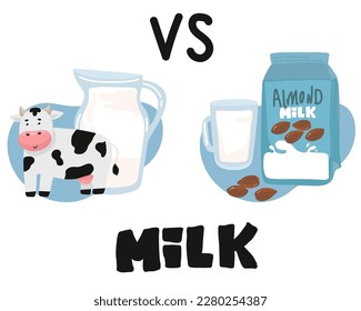 vegetable milk vs cow s milk What is more useful soy, rice, oat, coconut, almond, cashew, hazelnut. Natural, vegetable, ecological product. Lactose free. Vector illustration on black background