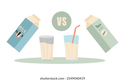 vegetable milk vs cow s milk What is more useful soy, rice, oat, coconut, almond, cashew, hazelnut. Natural, vegetable, ecological product. Lactose free. Vector illustration.