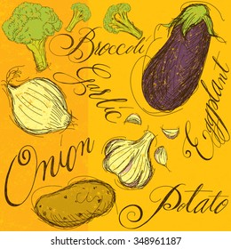 Vegetable mix with calligraphyThe vegetables are broccoli, garlic, onion, eggplant, and a potato. 