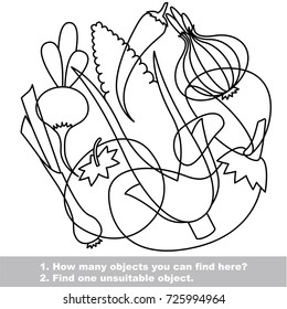 Vegetable mix elements set, collection of coloring book template, the group of outline digital elements vector illustration, kid educational game page.