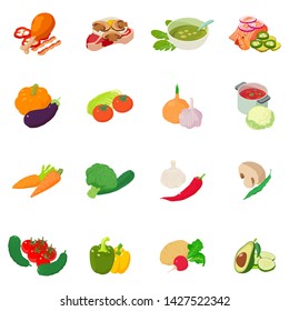 Vegetable mix icons set. Isometric set of 16 vegetable mix vector icons for web isolated on white background