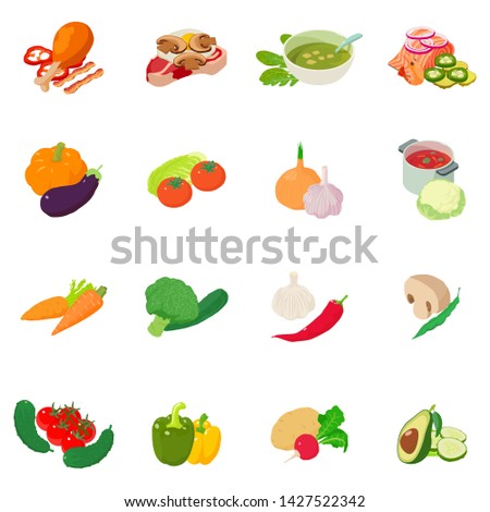 Vegetable mix icons set. Isometric set of 16 vegetable mix vector icons for web isolated on white background