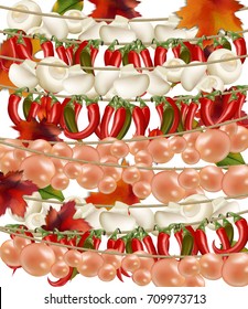 Vegetable Mushroom, onion and chilli realistic background Vector illustrations