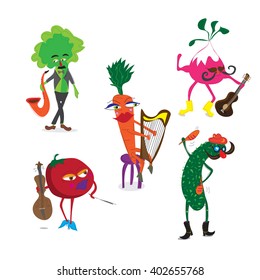 vegetable musicians set. salad, carrot, tomato, radish playing musical instruments. hand drawn, cartoon character vector illustration 