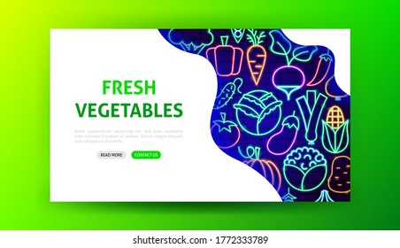 Vegetable Neon Landing Page. Vector Illustration of Healthy Food Promotion.