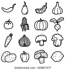 vegetable objects, icons set / cartoon vector and illustration, hand drawn style, black and white, isolated on white background.