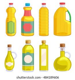 Vegetable oil assorted bottles set. Olive oil, sunflower oil, corn oil, soybean oil vector illustration.
