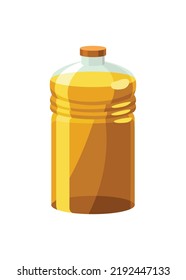 Vegetable oil bottle. Can with vitamin oil for cooking. Virgin organic healthy liquid product from seed. Isolated cartoon icon with sunflower product