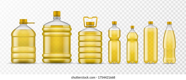 Vegetable oil bottle. Different packaging plastic bottles with yellow organic oil, natural liquid ingredient healthy food, realistic vector mockups