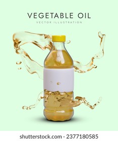 Vegetable oil. Bottle with yellow liquid, realistic splashes around. Fresh ecological product from natural ingredients. Vertical advertising template on green background. Blank label, mockup