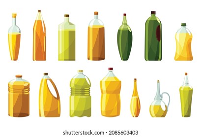 Vegetable oil bottles set. Cans with vitamin oil for cooking. Virgin organic healthy liquid products from seed. Isolated cartoon icons with sunflower product