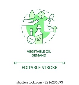 Icono de concepto verde de demanda de petróleo vegetal. Consumo de producción agrícola. Los precios de los alimentos abstractas ilustran la delgada línea de la idea. Dibujo de contorno aislado. Trazo editable. Fuentes Arial, Myriad Pro-Bold utilizadas