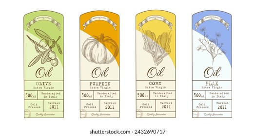 Vegetable oil labels. Vector print template in hand drawn style. Set in vintage style. Pumpkin oil, olive, flax and corn