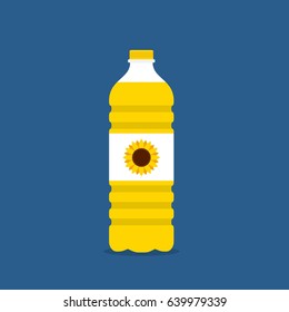 Vegetable oil in a plastic bottle isolated on blue background. Cartoon vector cooking oil. Food fat bottle. Cooking oil bottle in flat style.