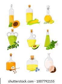 Vegetable oil set, different kinds of edible vegetable food oils cartoon vector Illustrations