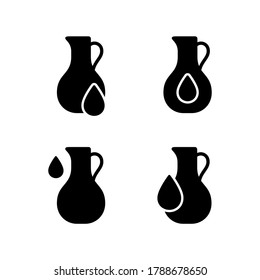 Vegetable oil. Silhouette icons set. Jug with drop. Healthy natural food supplement. Organic ingredient in cosmetics, cream. Black illustration for packaging design, eco product. Flat isolated vector