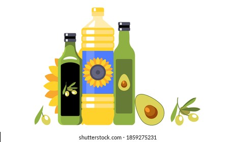 Vegetable oil. Three types of vegetable oil for cooking: sunflower, olive and avocado oil. Three different bottles. Vector illustration.