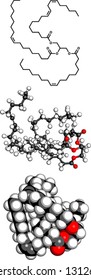 Vegetable oil unsaturated triglyceride molecule, chemical structure. Unsaturated triglycerides like this one are often found in olive oil and other vegetable oils.