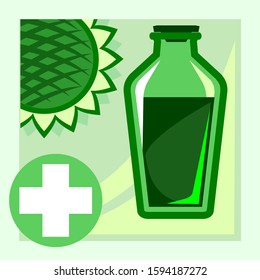 Vegetable oil. Vector. Natural cold pressed oil. No additives and pasteurization. Banner, graphic button for the site menu. Oil symbol for the production and sale of natural eco-friendly products.