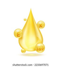 Vegetable oil and vitamins omega 3 6 9 essential nutrients for the body. Vegetarian organic ingredient for cooking. Oil drop 3D isolated on white background. Vector EPS10 illustration.