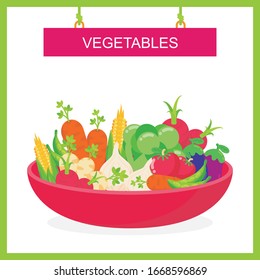 Vegetable on the bowl vector illustration. with flat design, such us tomato, eggplant, bean, corn etc
