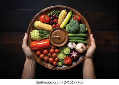 Vegetable on plate with clock for fasting, healthy, diet food concept