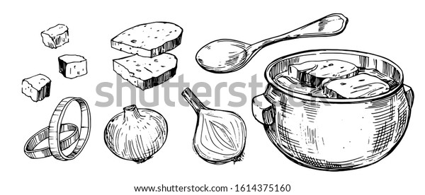 Vegetable onion soup. Hand drawn illustration\
converted to vector