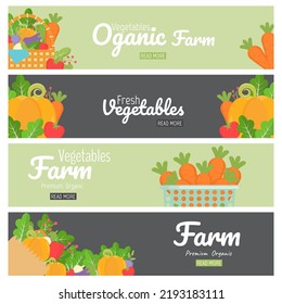 Vegetable and organic farm horizontal web banner template. Healthy food. Vector illustration.