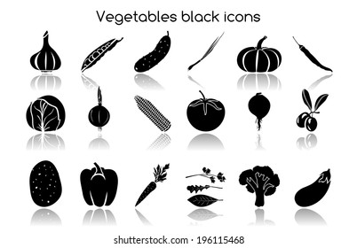 Vegetable organic food black icons set of garlic peas cucumber chives isolated vector illustration