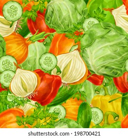 Vegetable organic food mix seamless background with cabbage parsley paprika vector illustration.