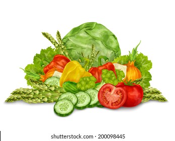 Vegetable organic food mix still life isolated on white background vector illustration.