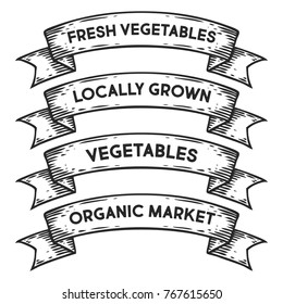 Vegetable organic market, locally grown vegetables badge emblem ribbon. Monochrome set vintage engraving sign isolated. Sketch hand drawn illustration retro style.