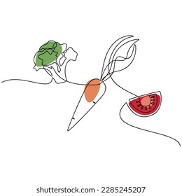 Vektorgrafiken. Karotten, Brokkoli, geschnittene Tomatenvektor. Zeilendurchgehende, handgezeichnete Illustration. Gartenpflanze. Minimale lineare Silhouette. Minimales Design, Druck, Banner, Karte, Zeichen, Logo, Menü.