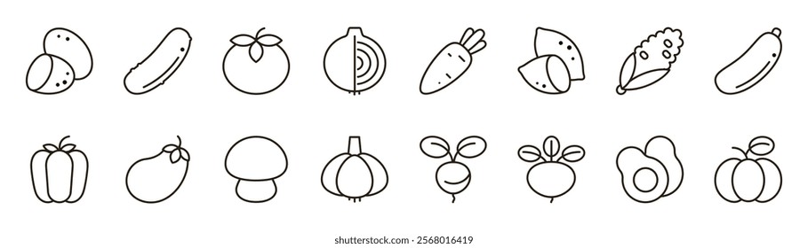 Vegetable outline icons set. Collection of linear vegetable icons. Graphic elements of linear design, outline symbols. Healthy eating, organic products, agricultural harvest, products from the garden.