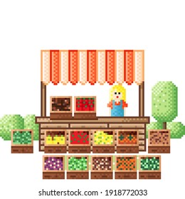 Vegetable panel pixel art. Market pixel art. Fruit and vegetable market. Vector illustration.