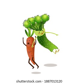 vegetable party children's messenger illustration. Brocoli and carrots dance