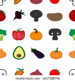 A vegetable pattern in abstract style on white background. Seamless vector pattern. Seamless pattern background. Organic healthy food. Healthy vegetarian food. Vector illustration isolated.