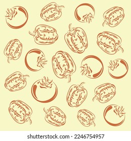 Vegetable pattern of bell peppers and tomatoes, vegetables, vector, illustration, bell pepper, tomato, contour, background, vitamins, pattern