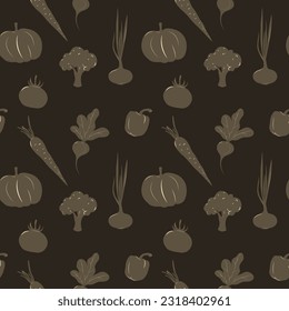 Vegetable pattern in brown colors. Pumpkin tomato carrot broccoli beet onion pepper.