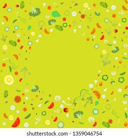 Vegetable pattern circle  frame for web and print decoration vector illustration on light green background