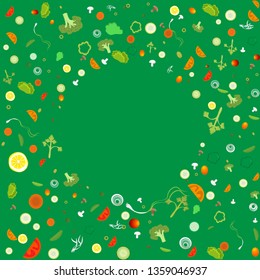Vegetable pattern circle  frame for web and print decoration vector illustration on green background