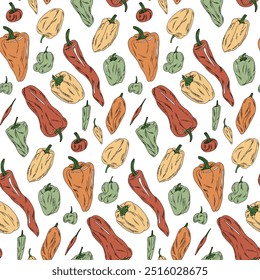 padrão vegetal com pimentões coloridos no fundo branco, ilustração culinária em estilo plano